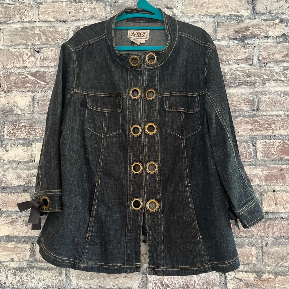 Dark Blue Denim Jacket with Gold Circle Accents/cute tie wrist/hook &eye closer🌸